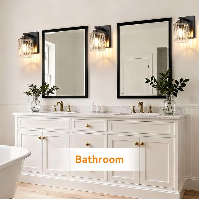 TALOYA 4 Inch Bathroom Light Fixtures,Modern,Set of 2 Light Brushed Black Vanity Lights with Wide Vertical Ribbed Thickened Glass Shade for Mirror Makeup Room Hallway(Bulbs Not Included)
