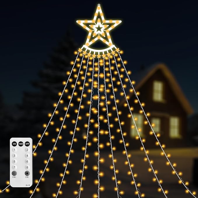 350 LED Christmas Decorations Star String Lights Waterproof Waterfall StarLights 8 Light Modes Remote & Timer,Waterproof Seasonal Lighting Decor for Home Xmas Tree Yard Wedding Party (Warm White)