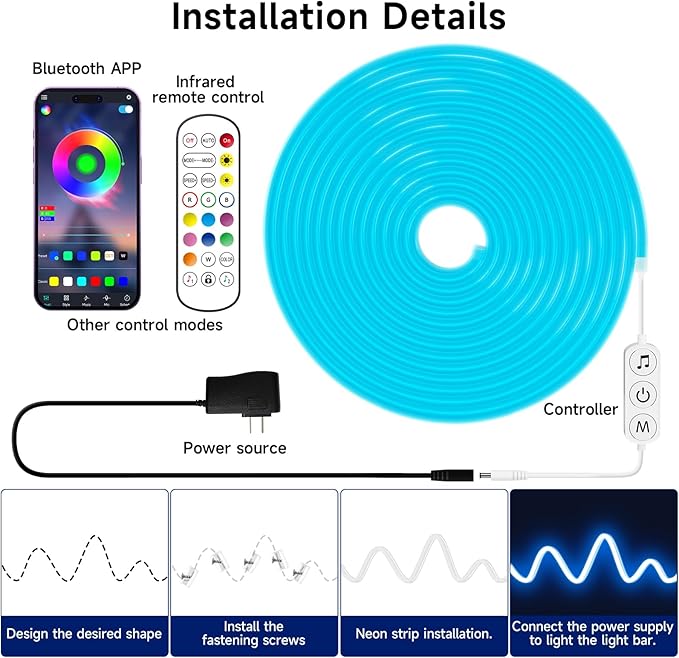 KANTUTOE LED Neon Rope Lights, 19.68ft RGB LED Light Strip, 24V Music Sync App/Remote Control DIY Rope Light, IP67 Waterproof Gaming Neon Strip Lights for Bedroom Indoor Oudoor Décor