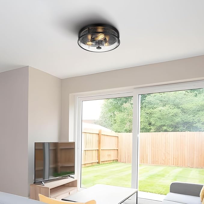 16 Inch Large Flush Mount Ceiling Light Fixture with Seeded Glass, Black Round Ceiling Lamp Shade, Modern Farmhouse Indoor Outdoor Ceiling Lighting for Kitchen Dining Living Room Foyer