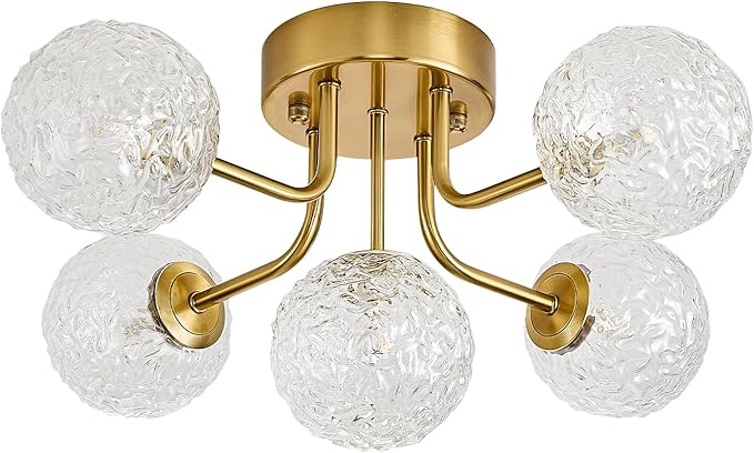 Sputnik Semi Flush Mount Ceiling Light Mid Century Modern Gold Ceiling Light 5 Lights Clear Glass Globe Chandelier for Bedroom Kitchen Entryway Closet