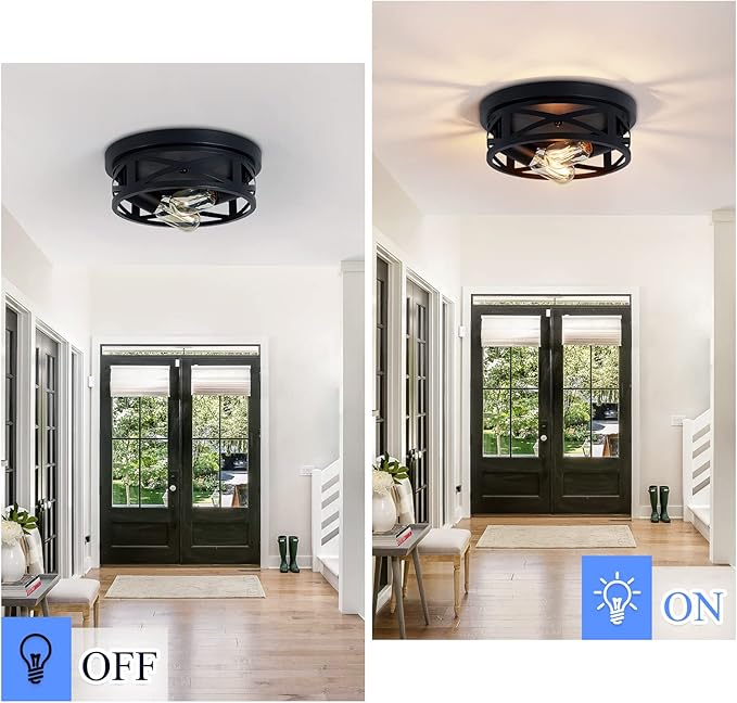 Flush Mount Ceiling Light Fixture,Black 2-Light Hallway Light Fixtures Ceiling,Light Fixtures Ceiling Mount for Farmhouse,Kitchen,Hall,Bedroom,Bathroom (2 Pack)