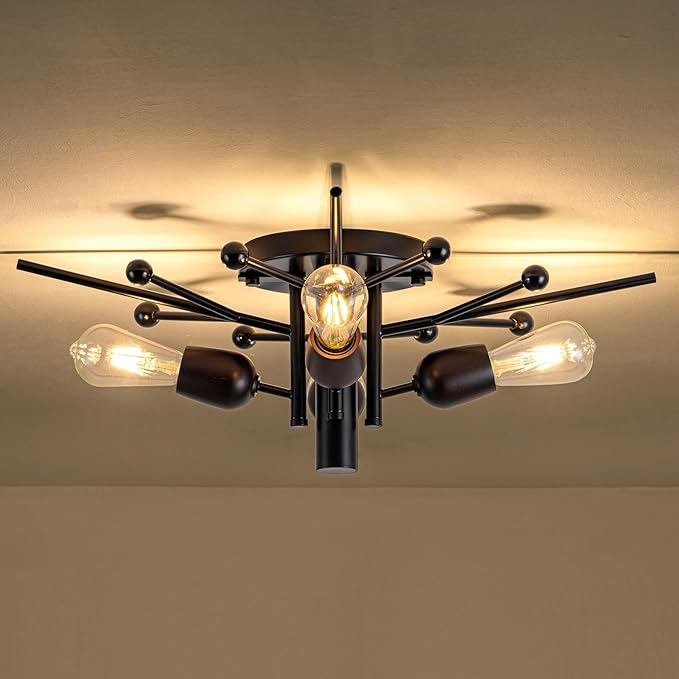 4 Light Sputnik Light Fixture Black Flush Mount Lights Industrial Ceiling Light Wood 25.24" Modern Farmhouse Ceiling Lights for Kitchen Bedroom Bathroom Foyer Hallway(E26)