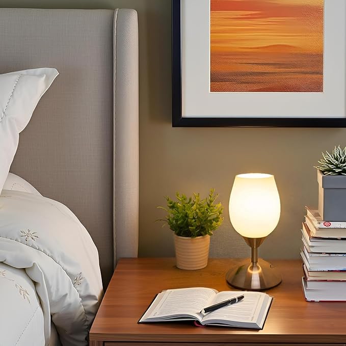Boncoo Small Touch Lamp for Bedroom Nightstand, 3-Way Dimmable Bedside Lamps Opal Glass Desk Lamp Silver Base, Tiny Table Lamp for Small Spaces Ambient Lighting for Living Room, E12 Bulb Included