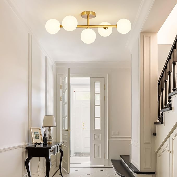 Globe Milk Glass Ceiling Light: Gold 5 Lights Semi Flush Mount Ceiling Light - Linear Century Modern Lighting Fixture - 27 Inch Brass Glass Lights with Sphere Shade for Bedroom Living Room Hallway
