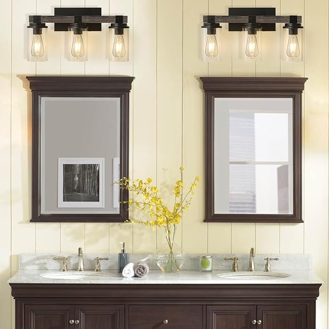 Bathroom Vanity Light Fixtures, Wooden Farmhouse Bathroom Lights over Mirror Vintage Rustic Sconces Wall Lighting 3-Light Industrial Matte Black Vanity Light for Bathroom Bedroom Hallway Kitchen