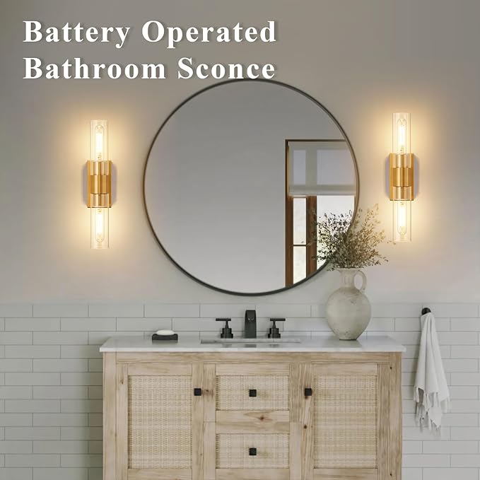 SANTOSTOCK Gold Battery Operated Wall Sconce Set of 2 with Remote Control, 12000mAh Rechargeable Wall Lights, Wireless Dimmable Wall Lamps for Bedroom Living Room Bathroom Hallway Entryway Stairwell