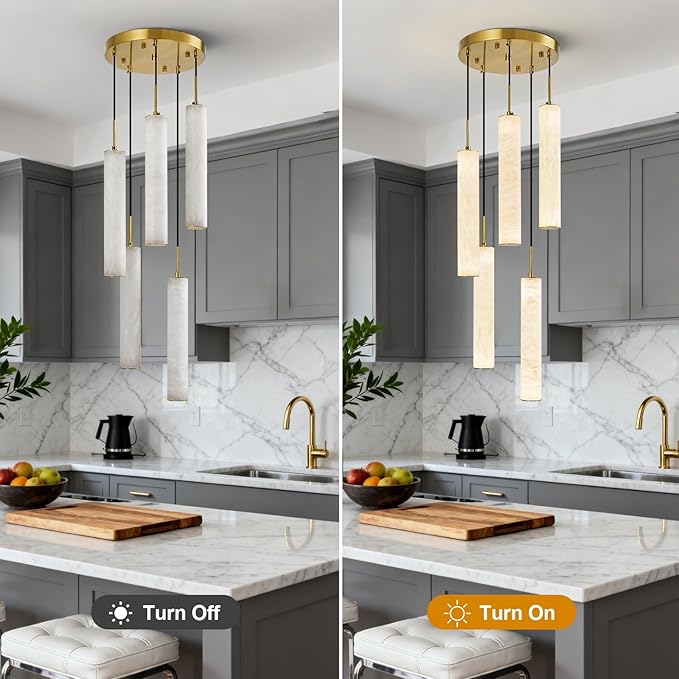 LMQNINE Natural Alabaster Pendant Lights for Kitchen Island White Marble Long Tube Chandelier 4000K Modern Gold Ceiling Light Fixtures for Bedroom Dining Room Table Living Room Hallway(M-5Light)
