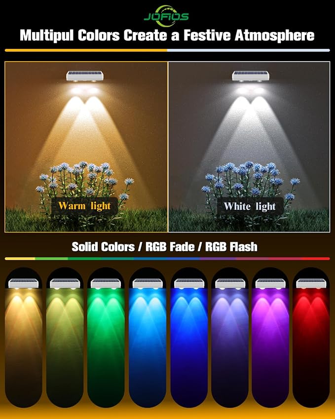 JOFIOS Solar Fence Lights 8 Pack, 50 Lumens Outdoor Fence Solar Lights with 12 Modes RGB Color Glow LED Solar Lights Outdoor Waterproof for Patio, Backyard, Deck, Fence, Railing. (White Shell)