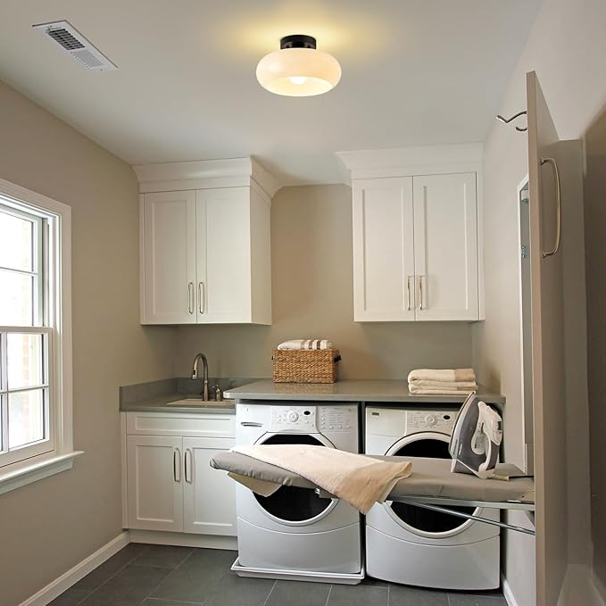 Mid-Century Modern Black Semi Flush Mount Ceiling Light,White Glass Dome Hallway Lighting Fixtures,Metal Close to Ceiling Lamp for Entryway Bathroom Kitchen Bedroom Porch Foyer Office (11 Inch)