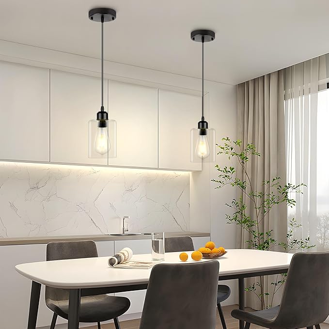 CANMEIJIA Modern Black Farmhouse Pendant Light with Glass Shade, Industrial Pendant Lighting, Island Lights for Kitchen, Modern Hanging Light Fixtures for Kitchen Island Decor (Black 2 Pack)