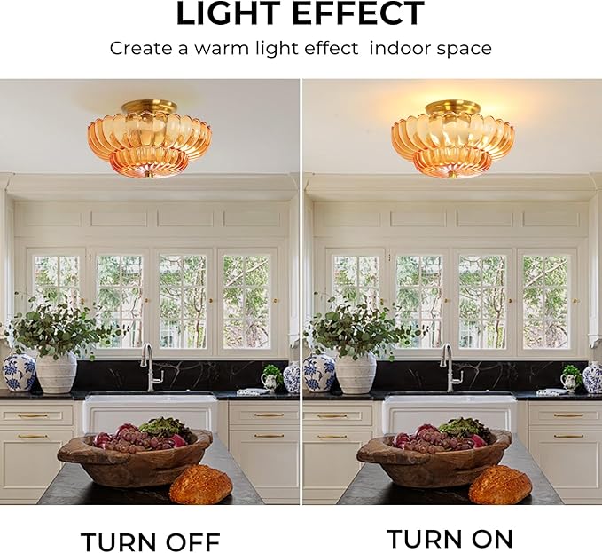 Semi Flush Mount Ceiling Light Fixture Vinatge Gold Ceiling Lights Mid Century Modern Orange Glass Close to Ceiling Lighting Fixtures for Bedroom Hallway Foyer Bathroom Kitchen Laundry Room Nursery