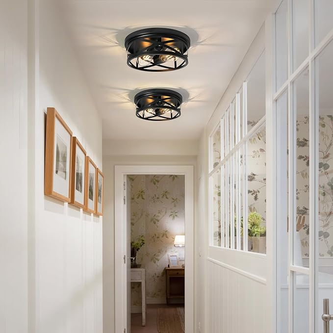 2-Light Flush Mount Ceiling Light Fixture, Farmhouse Ceiling Lights for Kitchen, Modern Black Close to Ceiling Light for Hallway Bedroom Balcony Porch Stairway, E26, (2 Pack)