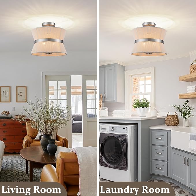 Brushed Nickel Semi Flush Mount Ceiling Light Fixture 12.6” Modern Drum Bedroom Ceiling Lighting 3-Light Beige Close to Ceiling Lamp for Kitchen Living Dining Room Hallway Bathroom Entryway Foyer