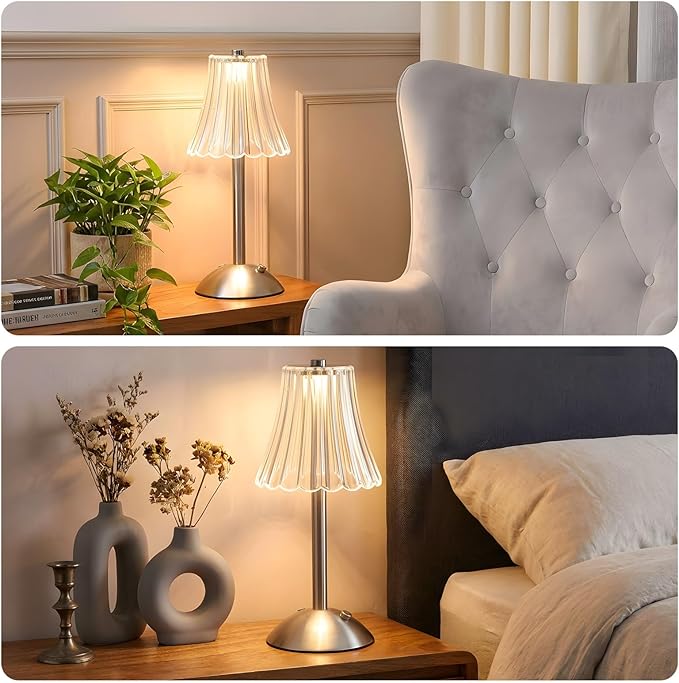 Liliful 1 Pcs Cordless Table Lamp Rechargeable Touch LED Small Gold Portable Battery Operated USB-c Desk Lamp 3 Color Dimmable for Bedroom Living Room Dining (Silver,Rose Style)