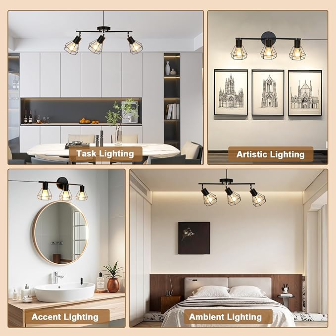 3-Light Plug-in Track Lighting with Rotatable Heads, Plug in Ceiling Light with 16.4ft Power Cord & Switch, LED Spotlight for Kitchen Cabinet Living Room Artwork, E26 Socket (Bulb Not Included)