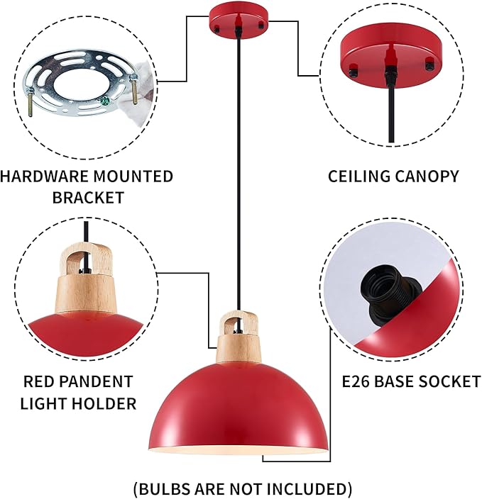Farmhouse Pendant Light, 3 Packs 11.8inch Red Kitchen Pendant Lights, Modern Pendant Lights, Island Pendant Lights, Pendant Light for Kitchen Island; Bedroom; Office; Living Room
