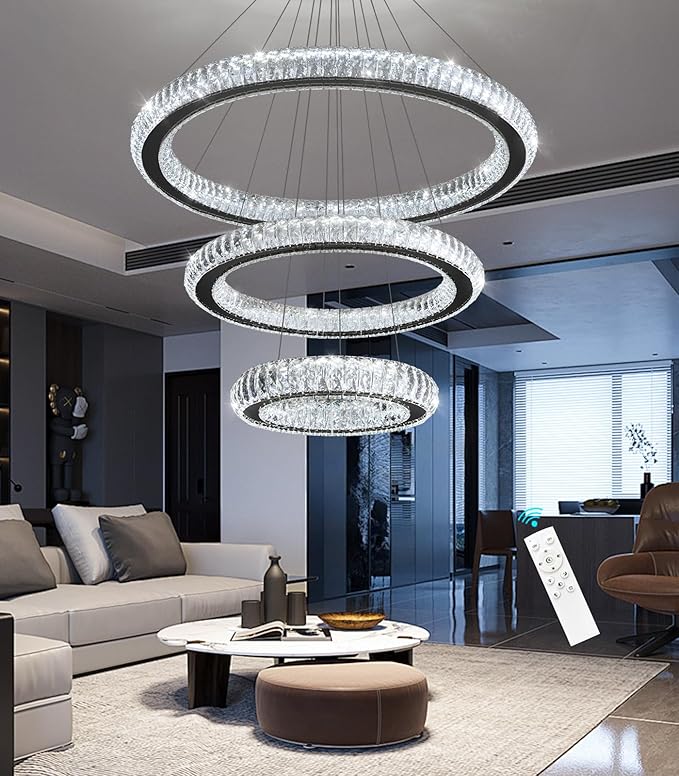 HAIXIANG 3 Rings Chandelier Modern Dimmable High Ceiling Large Ring Chanderliers Entryway Crystal Pendant Lights for Entryway Foyer Living Room Black Light