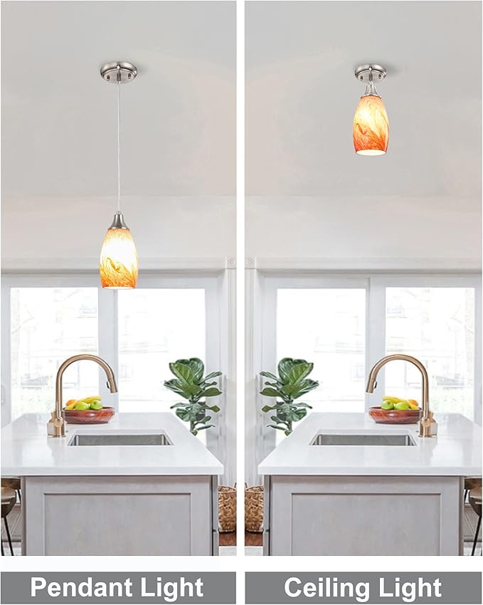 karyfine Art Glass Mini Pendant Lights Kitchen Island Marble Glass Pendant Light Shade with Brushed Nickel Finish Ceiling Hanging Lights for Kitchen Over Sink,Dining/Living Room Red Marble-1Pack