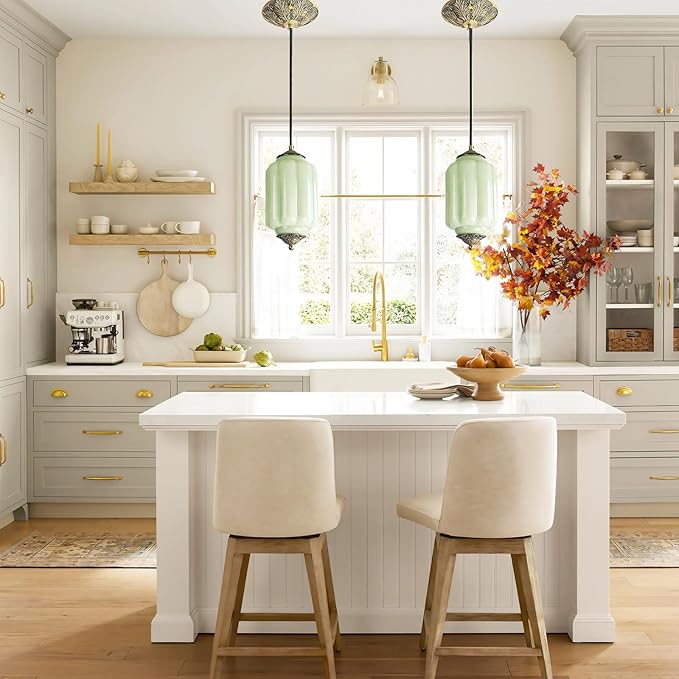 Vintage Milk Glass Pendant Lights Kitchen, Brass Color Glass Ceiling Light Fixture, Retro Industrial Pendant Lighting for Dining Room, Kitchen, Bedroom, Entryway, Hallway (Green, 5.5in)