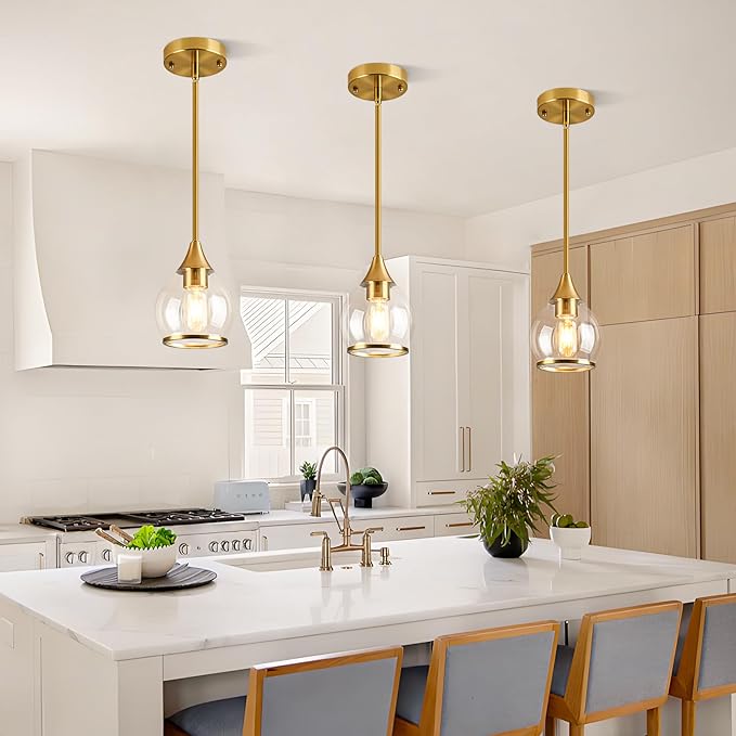 1-Piece Gold Island Light for Kitchen, 1-Light Brushed Gold Hanging Pendant Light with Clear Round Glass Shade for Dining Room,Bedroom