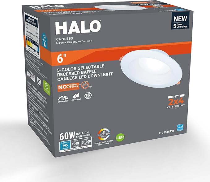 HALO LT 6 in Canless LED Recessed Indoor/Outdoor Dimmable Ceiling Downlight, Wet Location Rated, Selectable Color Temperature, 2700K-5000K, 750 Lumens, Wet Location - LTC608FS5B