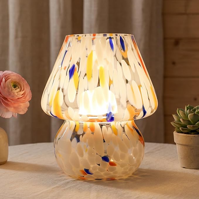 ULAROOM Cordless Mushroom Lamp-Modern Small Battery Operated Table Lamp with Timer for Home Decor,Aesthetic Glass Battery Powered Lamp for Bedroom/Kitchen/Living Room/Shelf Decor(White&Blue)