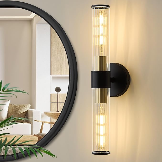 Bathroom Light Fixtures, Black Gold Wall Sconce in Threaded Glass Vanity Light, Modern Bathroom Wall Light for Bedroom, Living Room - Bulb Not Included