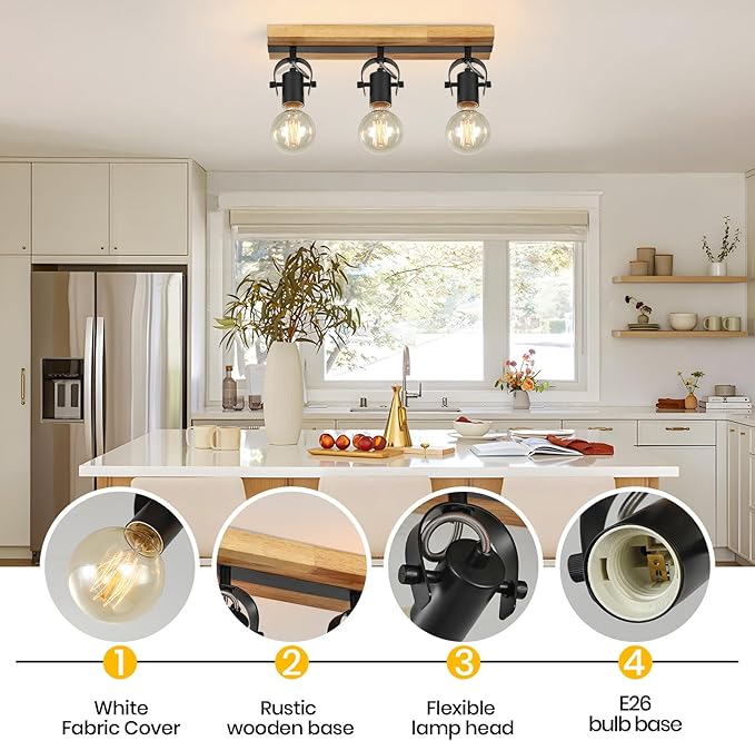 SEEBLEN Industrial Track Lighting Fixtures Ceiling, Farmhouse Wood Ceiling Spot Lighting,Rustic Kitchen Ceiling Light Fixtures for Kitchen Bedroom Bathroom Hallway.