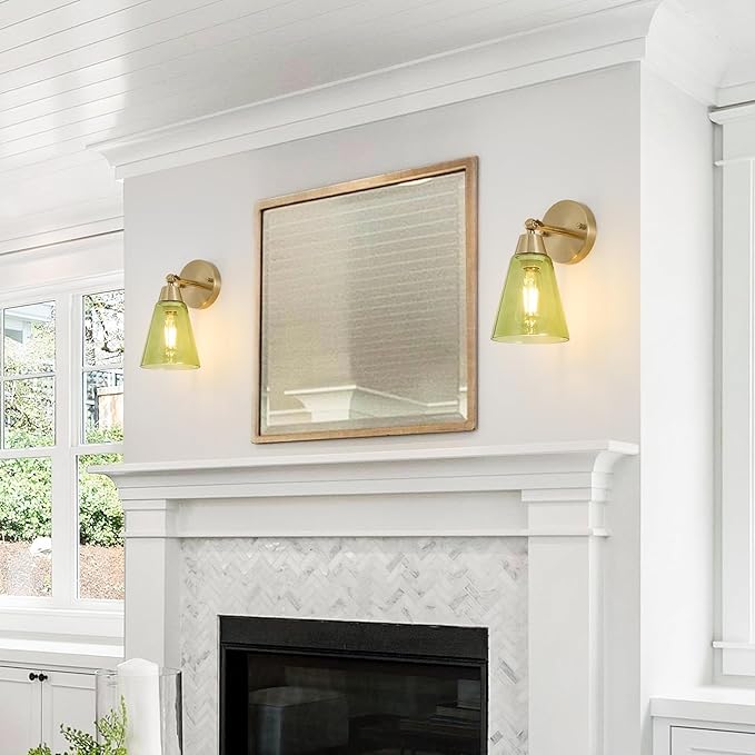 MWZ Gold Wall Sconce Decor Set of 2,Modern Brushed Brass Sconces Lighting with Green Glass Shade,Bathroom Light Fixtures Over Mirror,Vanity Lights Over Sink,Indoor Wall Mount Adjustable Angle Lamp