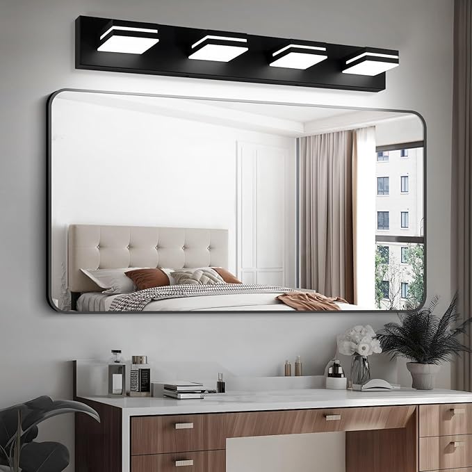 OKELI 4 Light Bathroom Vanity Light Matte Black Modern 32W LED Dimmable Vanity Light Over Mirror 350° Adjustable Lamp Head Cold White 6000K ETL Listed 30Inch