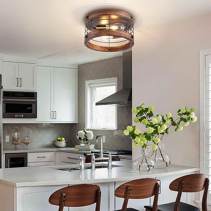 Farmhouse Flush Mount Ceiling Light, 12.6 Inch 2-Light Metal and Wood Close to Ceiling Light Fixture, Rustic Drum Semi Ceiling Light for Kitchen, Dining Room, Living Room, Hallway, Entryway