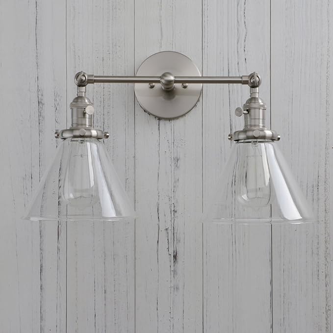 Permo Double Sconce Vintage Industrial Antique 2-Lights Wall Sconces with Funnel Flared Glass Clear Glass Shade (Brushed)