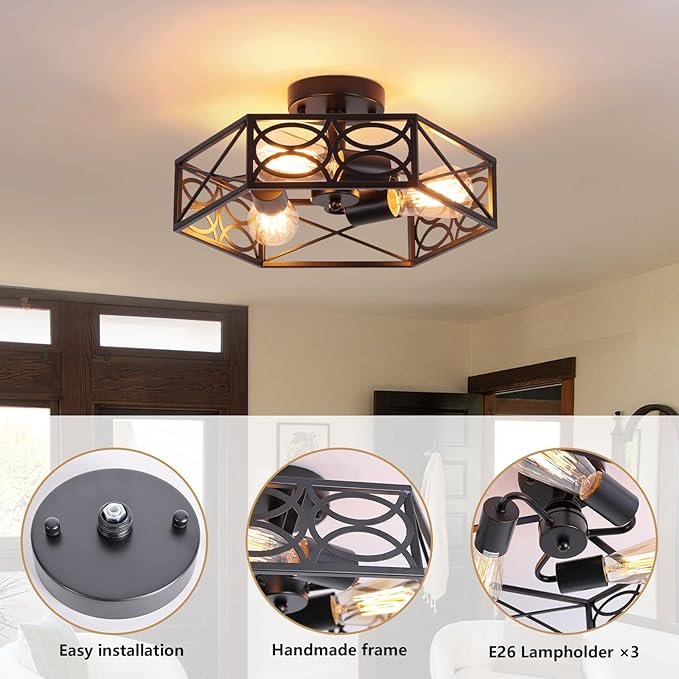 Modern Farmhouse Black Flush Mount Ceiling Light, 3-Light Semi Flush Mount Light Fixture with Stylish Hexagon Cage, Dimmable Industrial Lamp for Kitchen Hallway Bathroom, E26 Base