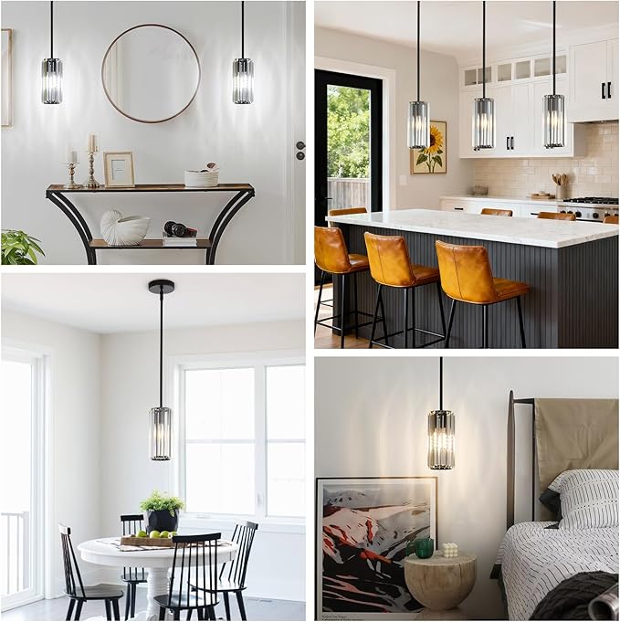 Black Modern Pendant Light for Kitchen Island, 1-Light Mini Crystal Chandelier with E26 Base, Small Hanging Luxury Fixture for Dining Room, Bedroom, Foyer and Hallway
