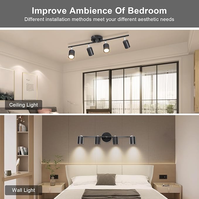 Ketom 4-Light Track Lighting Fixtures Ceiling, GU10 Black Led Ceiling Spotlight, Modern Track Light Kit for Kitchen Hallway Living Room