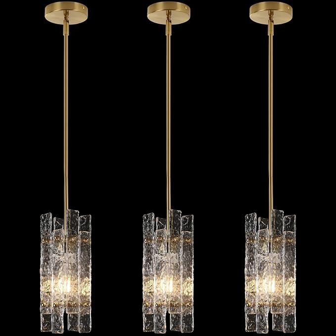 Modern Crystal Pendant Light for Kitchen Island, Gold Luxury Mini Water Ripple Glass Chandelier Lights Fixture, Modern square Adjustable Hanging Pendant Lighting for Dining Room Bedroom (3-Pack)