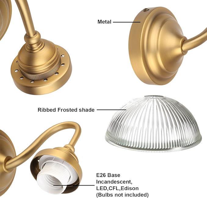 Yosoan Boho Brass Gold Vintage Wall Sconce with Striped Bowl Shade, 1-Light Indoor Hardwired Modern Vanity Industrial Single Wall Mounted Clear Texture Glass for Living Room Kitchen Bedroom(Antique)