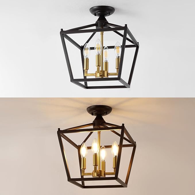 JONATHAN Y 12" Oil Rubbed Bronze/Brass Gold Modern Farmhouse Pagoda 4-Light LED Semi Flush Mount Lantern, Metal Ceiling Light Fixture for Kitchen, Hallway, Entryway, Bedroom, Hardwired (JYL7610G)