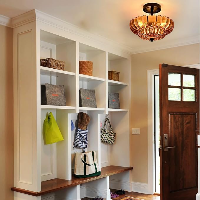 Semi Flush Mount Ceiling Light Fixture, Amber Glass 3-Light Modern Vintage Ceiling Lights, Scalloped Close to Ceiling Light, Black Base Flush Mount Ceiling Light for Hallway Bedroom Entryway Kitchen