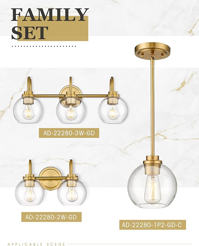 Bathroom Light Fixtures, 3-Light Brushed Gold Vanity Lights with Globe Clear Glass, Champagne Bronze Vanity Lighting Fixtures Over Mirror, AD-22280-3W-GD