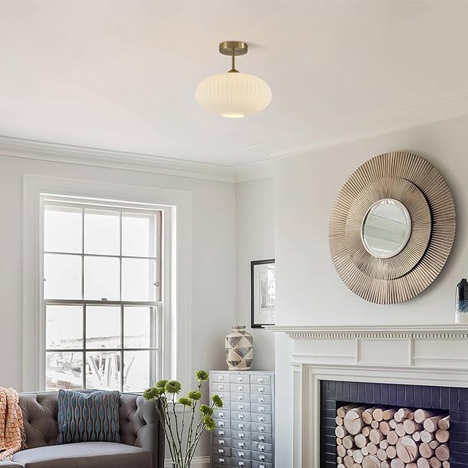 Mid Century Modern Brass Semi Flush Mount Ceiling Light Small Ribbed Milk Glass Flush Mount Ceiling Light Gold and White Flush Mount Light Vintage Hallway Lighting Fixtures