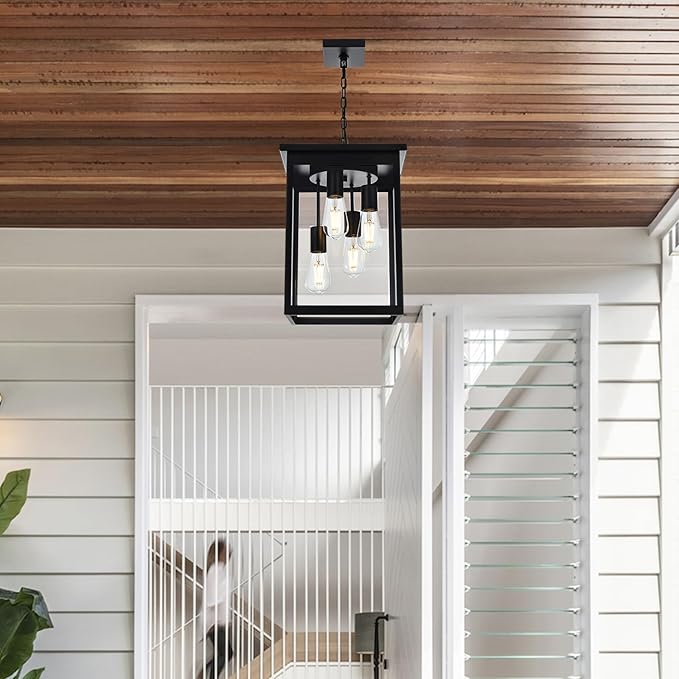 Yaohong Large Outdoor Pendant Lights for Porch, 4-Lights Black Exterior Pendant Light with Clear Glass, Outdoor Porch Light Ceiling Mount Outdoor Hanging Light Fixture for Gazebo, Patio, Entryway