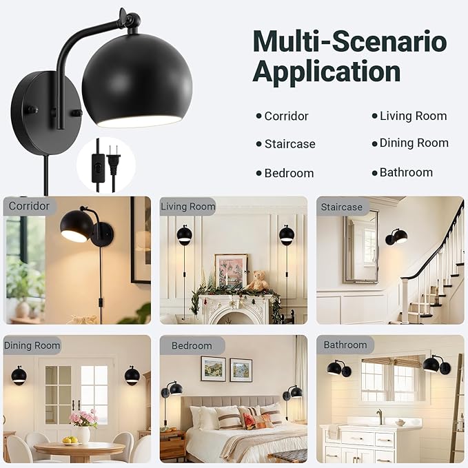 Plug in Wall Sconces Set of 2, Adjustable Angle Black Wall Lights with Plug in Cord & On/Off Switch, Bedside Wall Mounted Lamp with Globe Shade for Bedroom Living Room Bathroom(2 Bulbs Included)