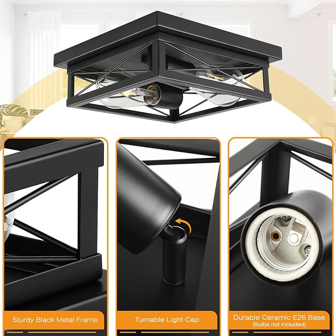 Black Flush Mount 2-Light Industrial Vintage Metal-Framed Ceiling Light for Hallway, Foyer, Kitchen, Bedroom, Living Room, Laundry (E26 Base)