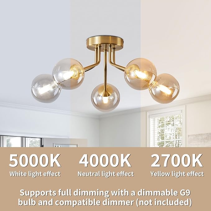 Modern Sputnik Chandeliers 5 Light Gold Semi Flush Mount Ceiling Light Fixture Pendant Lamps Bulb with Glass Globe Lighting for Bedroom Kitchen Living Dining Room Office