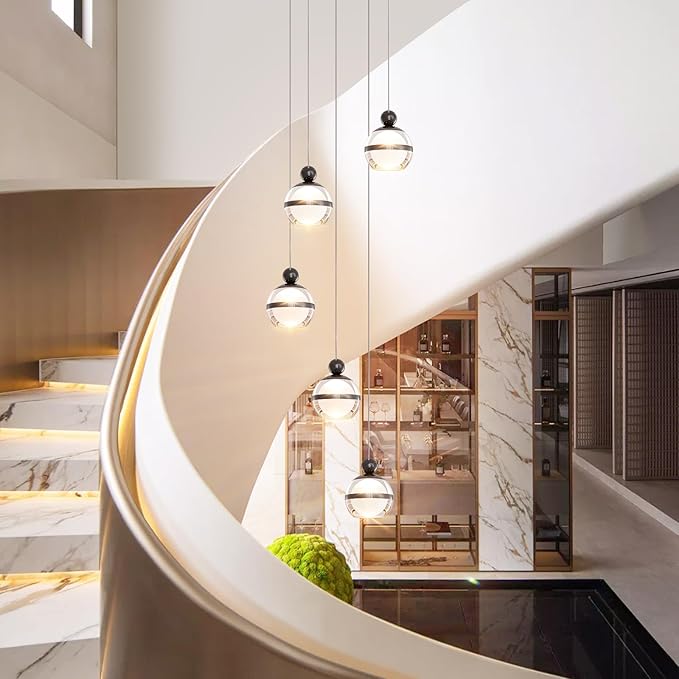 5-Light Black Chandelier, Modern Chandeliers for High Ceilings Globe LED Hanging Light Chandelier for Staircase Foyer Living Room Entryway Dining Room 3000K