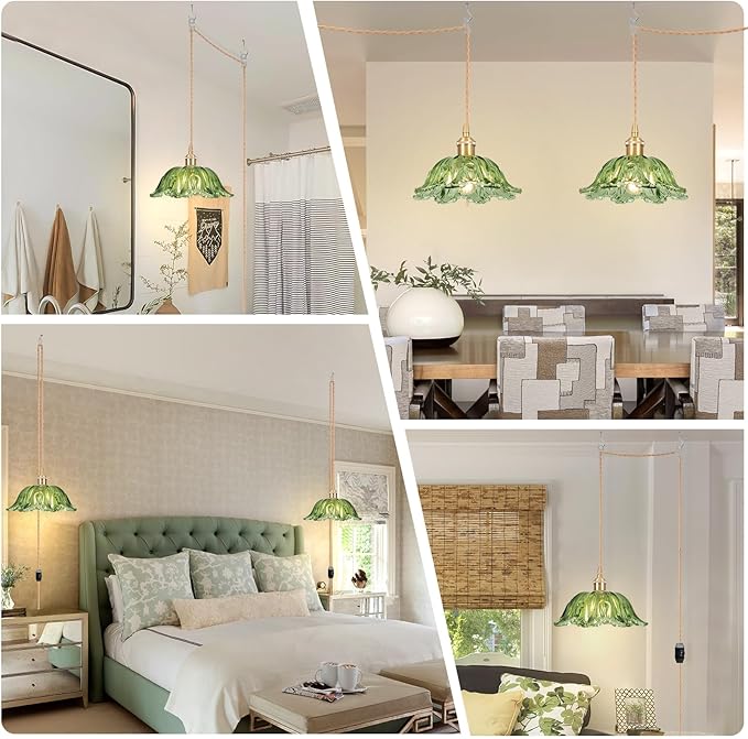 Plug in Pendant Light Fixtures,Hanging Light Fixture Corded On/Off Switch,10.6in E26 Green Glass Lampshade Pendant Lighting for Kitchen Island, Bedroom, Dining Room