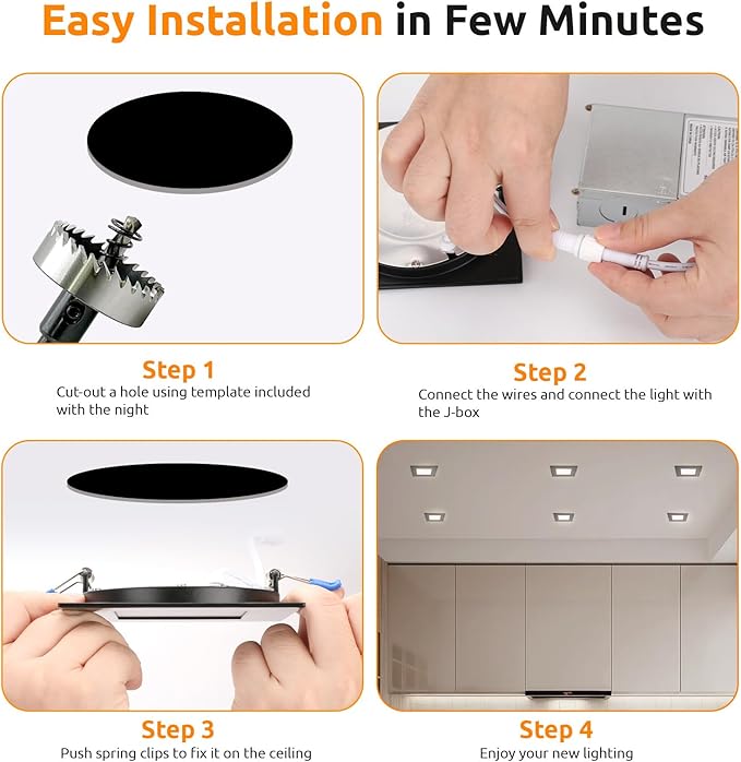 HONZIN Square LED Recessed Lighting 4 Inch, 5CCT Ultra Thin Led Recessed Ceiling Lights 1 Pack, Selectable 2700K/3000K/3500K/4000K/5000K, 9W, IC Rated, Dimmable Square Black Trim with Junction Box