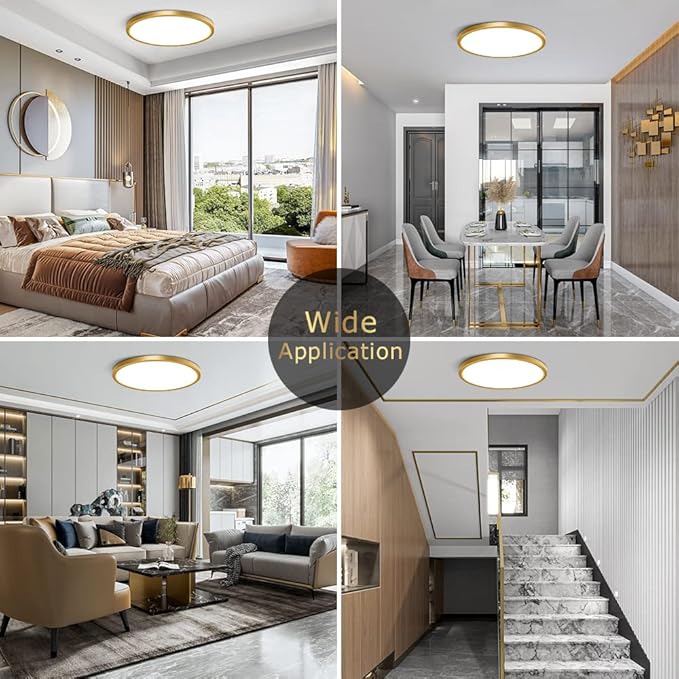 2 Pack 12Inch Gold LED Ceiling Light Fixture Flush Mount, 24W(240W Equivalent), 3200LM, 5000K Daylight White, IP40, Flat Modern Round Ceiling Light for Bedrooms, Living Rooms, Bathrooms, Kitchens, etc